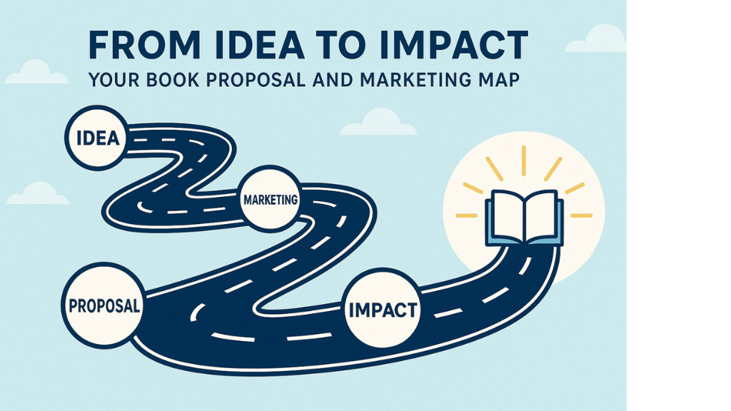 From Idea to Impact: Your Book Proposal and Marketing Map...road with markers Idea, Marketing, Proposal, Impact, followed by a book graphic.